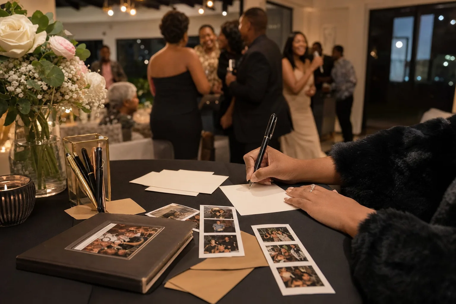 21st birthday memory table with printed photographs, a guest book and candles