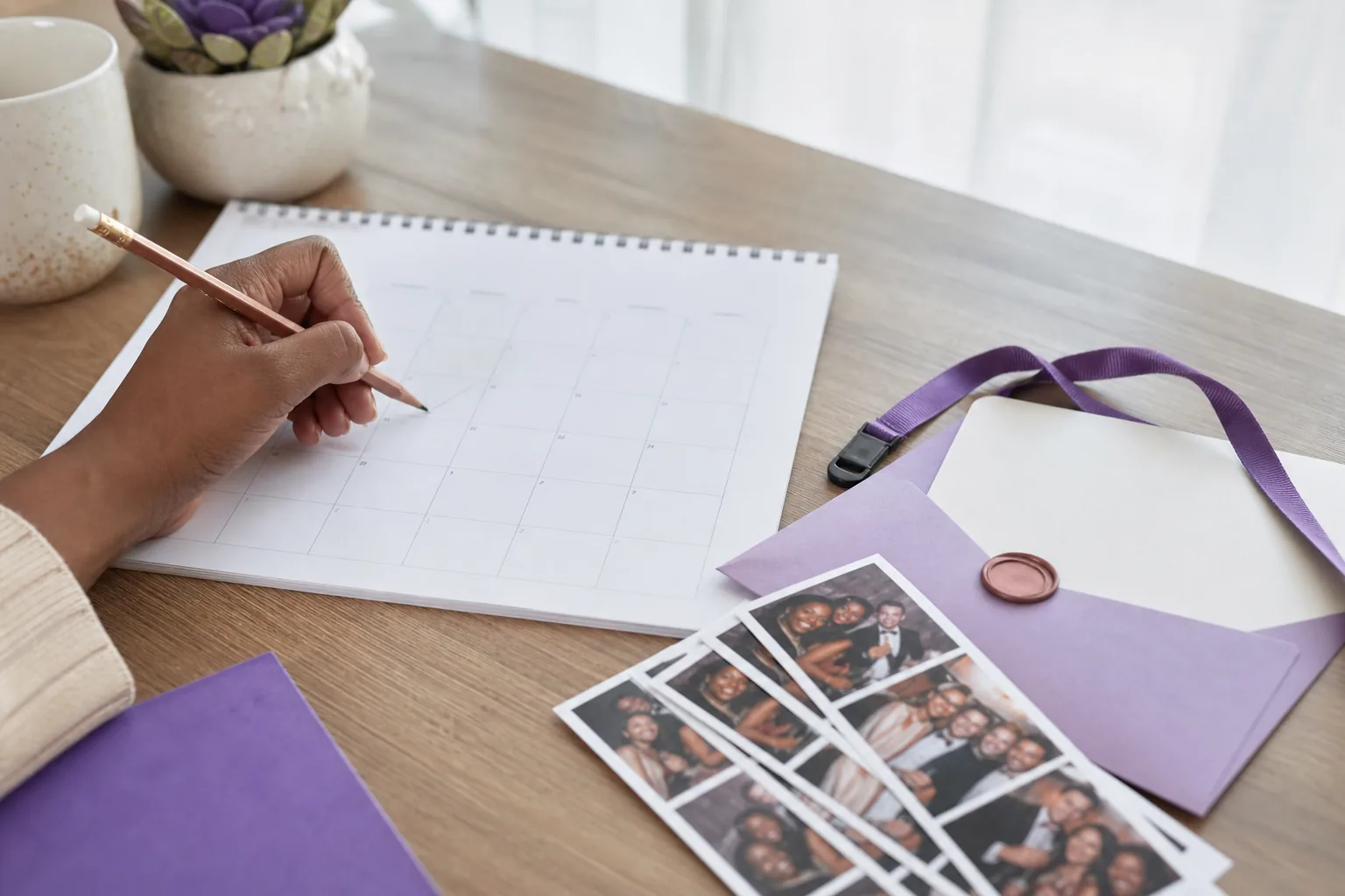A guest marking an event calendar beside printed photo strips