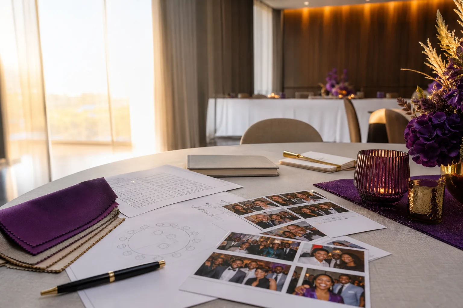 Year-end function planning materials and printed photographs arranged on a venue table