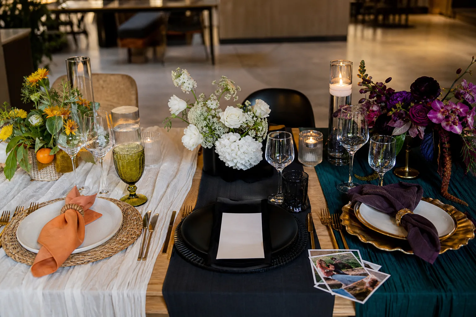 Four distinct year-end function style directions shown with place settings and printed photographs