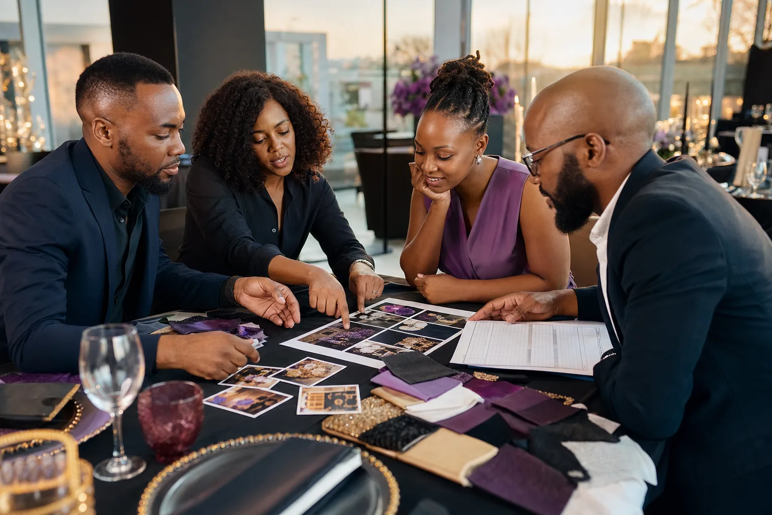 Purple and gold year-end function theme planning materials with printed photographs on a table