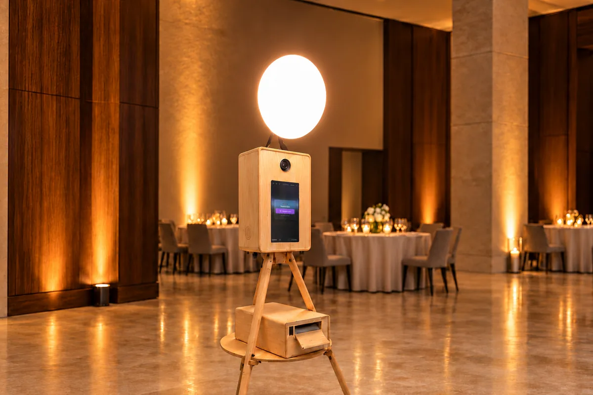 The Signature Photo Booth, a handcrafted ash booth on a tripod with a glowing beauty-dish light, set up in an elegant candlelit event venue